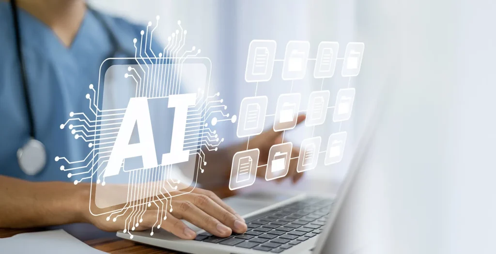 Healthcare professional analyzing data on a laptop, representing CIMSS Innovative Solutions and their use of AI and digital technology to improve healthcare performance and intelligence.