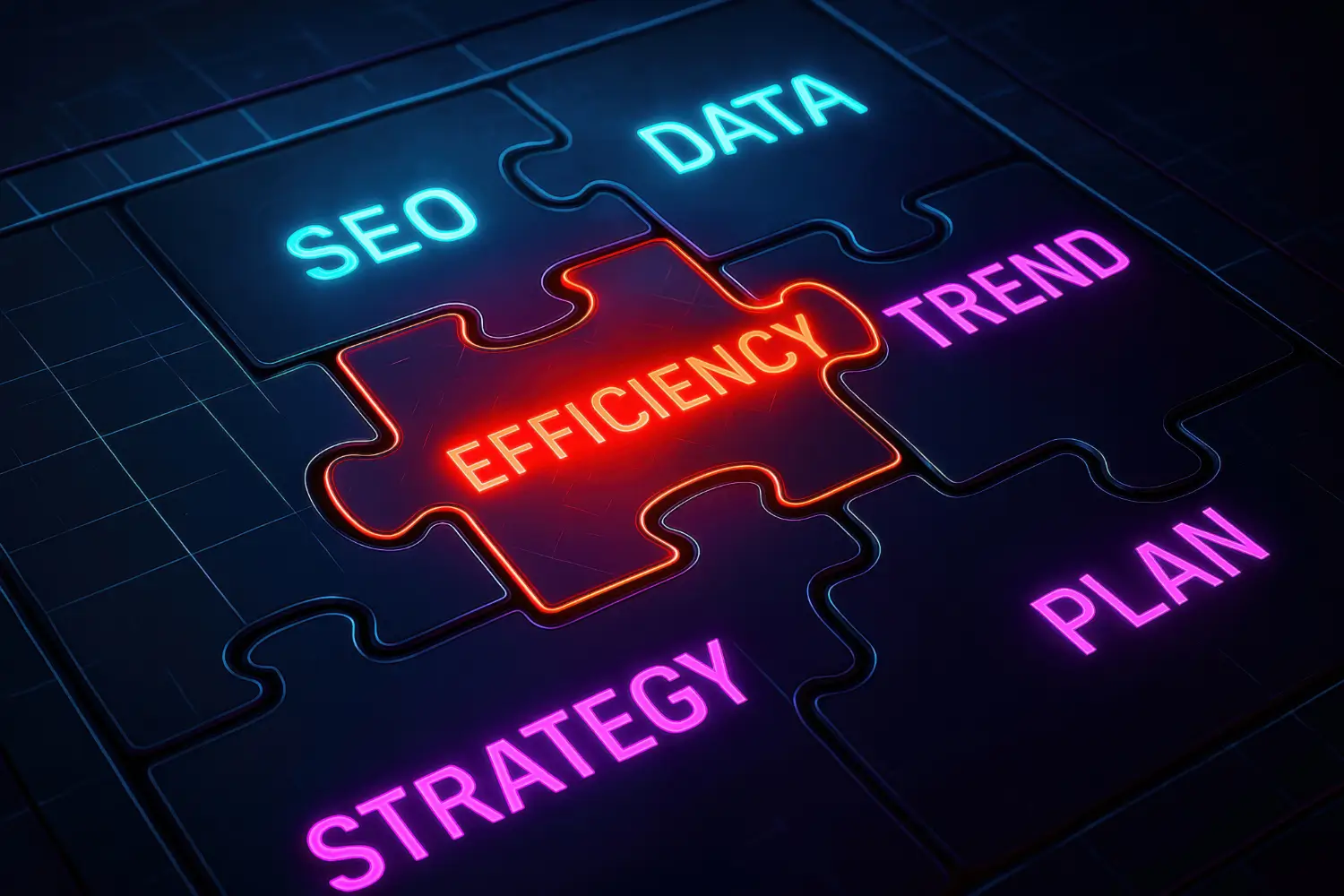 CIMSS neon puzzle illustration labeled SEO, data, strategy, plan, efficiency