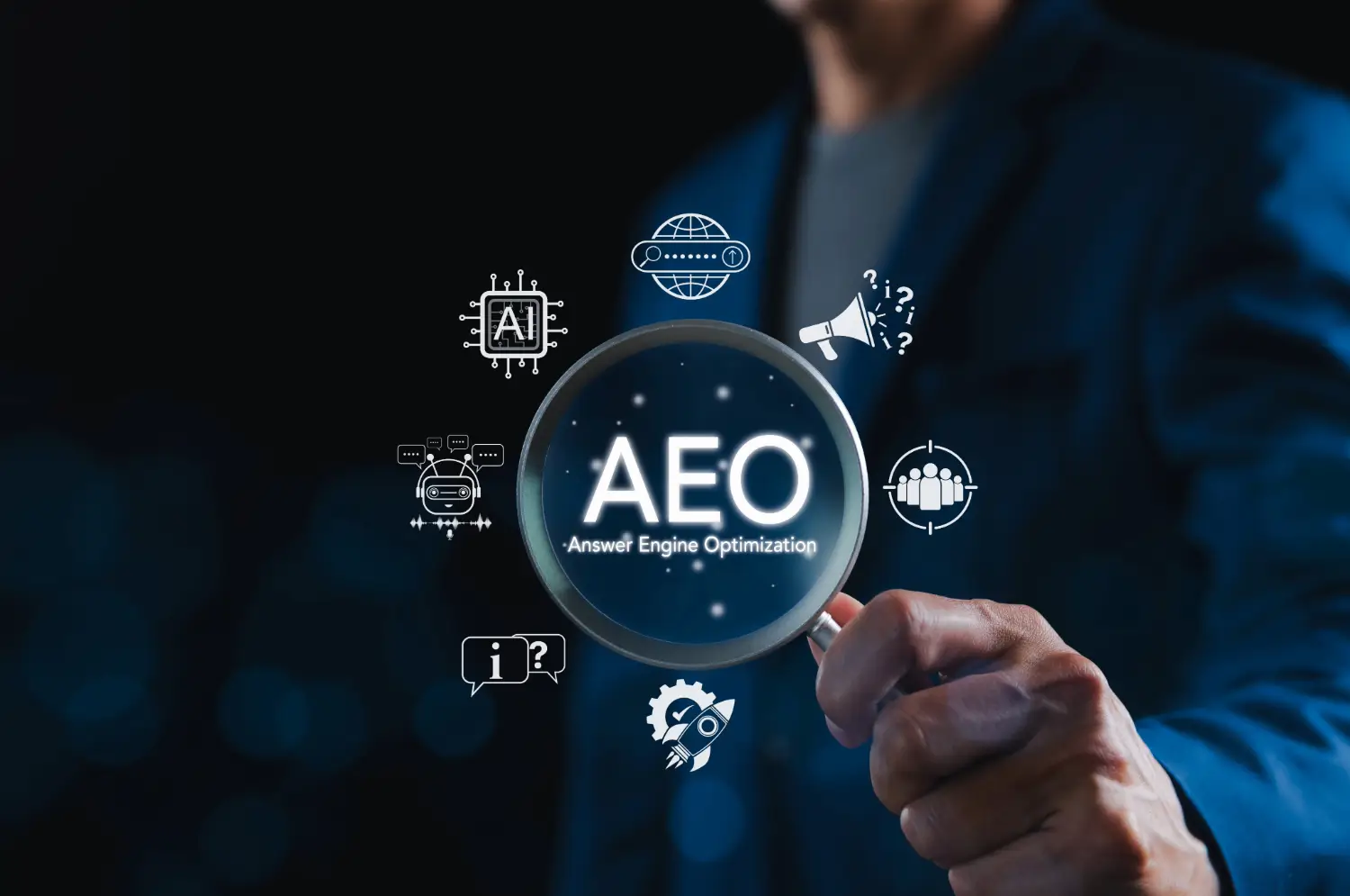 CIMSS illustration of a magnifying glass over ‘AEO’ (Answer Engine Optimization) text