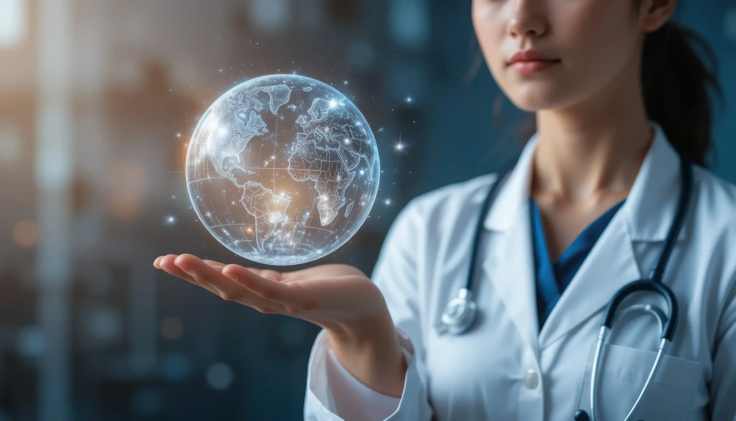 CIMSS healthcare professional holding a glowing digital globe symbolizing AI-driven healthcare transformation