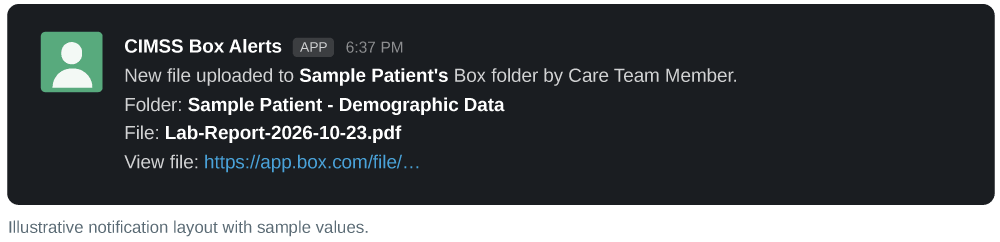 Sample CIMSS Box Alerts notification in Slack showing a new file uploaded to a patient's Box folder